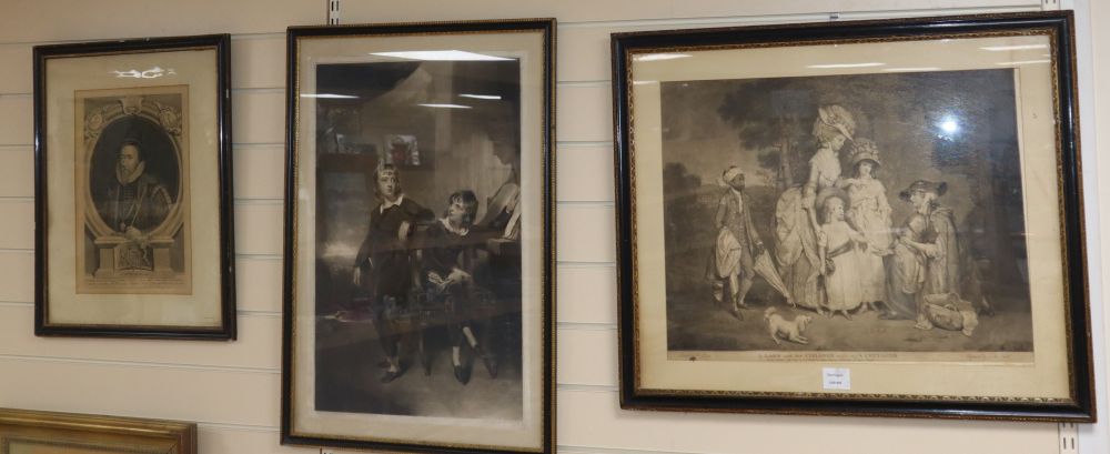 Smith after Bigg, mezzotint, A Lady and her children relieving a Cottager, 44 x 55cm and two other prints